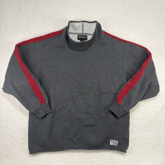 Vintage Eddie Bauer High Neck Sweatshirt Mens M Grey Red Stripe Pullover Y2K - Picture 1 of 7